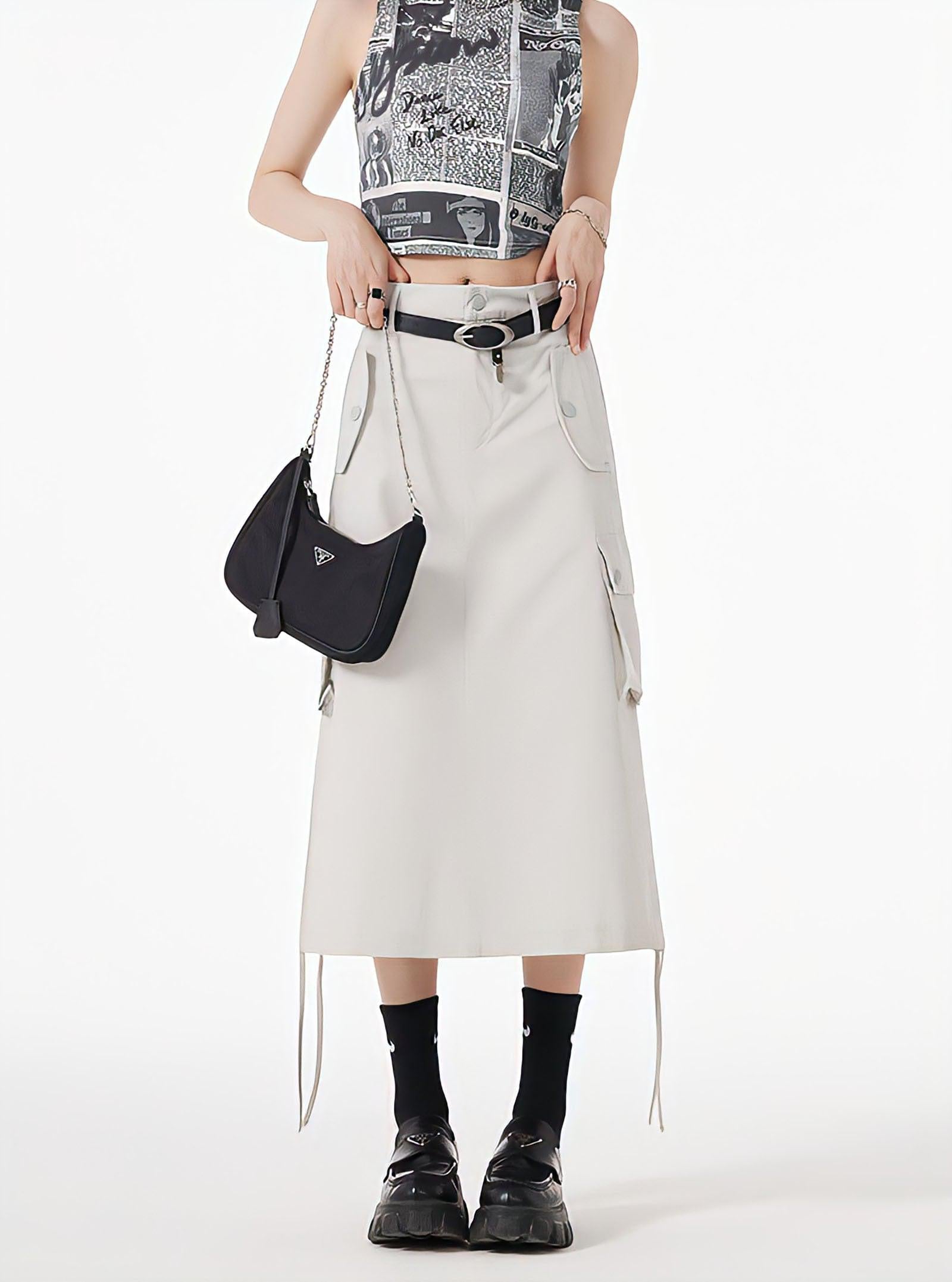 Lookbook Outfits, Japan Outfit - Slit & String Detailed Cargo Midi Skirt Lookbook Outfits, Japan Outfit - Slit & String Detailed Cargo Midi Skirt