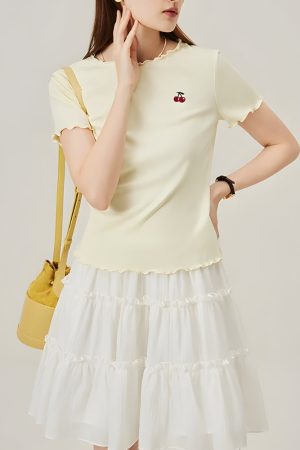 Looks Chic, Fashion Street - Soft Girl Cherry Lettuce Edge Tee