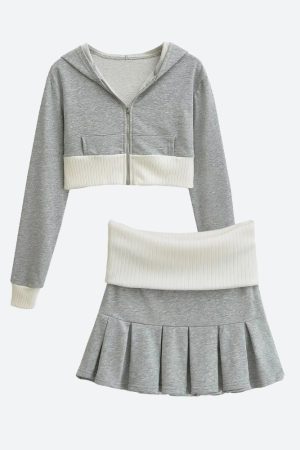 Looks Chic, Korean Shirt - Cropped Hoodie & Mini Skirt Two Piece Set