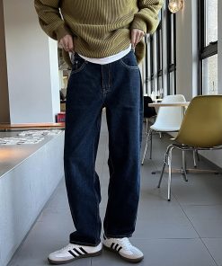 Loose Casual Denim Pants for Men, Retro Wide-Leg Straight Trousers, Autumn Fashion, Deep Blue, Hong Kong Style, Versatile 90s Look