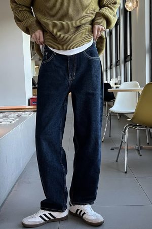 Loose Casual Denim Pants for Men, Retro Wide-Leg Straight Trousers, Autumn Fashion, Deep Blue, Hong Kong Style, Versatile 90s Look