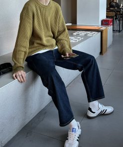Loose Casual Denim Pants for Men, Retro Wide-Leg Straight Trousers, Autumn Fashion, Deep Blue, Hong Kong Style, Versatile 90s Look