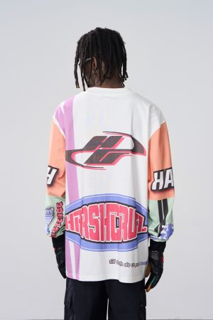 Loose Casual Hip-Hop Graffiti Racing Logo All-Over Print Round Neck Long Sleeve T-Shirt for Urban Street Style