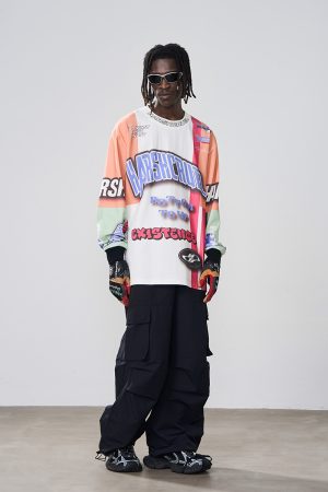 Loose Casual Hip-Hop Graffiti Racing Logo All-Over Print Round Neck Long Sleeve T-Shirt for Urban Street Style