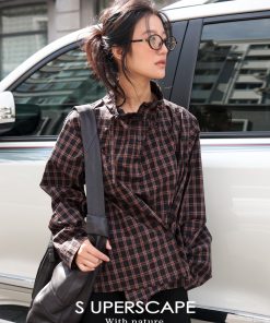 Loose Check Shirt with Twisted Design, Half-High Collar, and Drawstring - Trendy 90s-Inspired Style