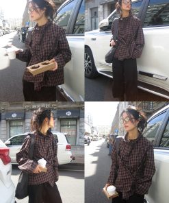 Loose Check Shirt with Twisted Design, Half-High Collar, and Drawstring - Trendy 90s-Inspired Style