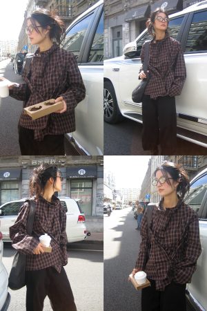 Loose Check Shirt with Twisted Design, Half-High Collar, and Drawstring - Trendy 90s-Inspired Style