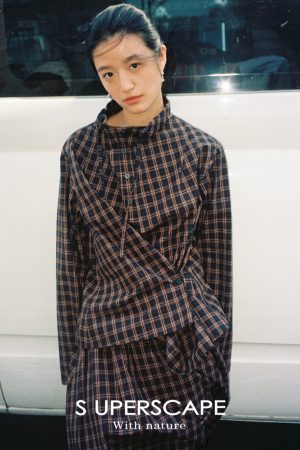 Loose Check Shirt with Twisted Design, Half-High Collar, and Drawstring - Trendy 90s-Inspired Style