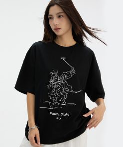 Loose Fit Black and White Equestrian Pattern Short-Sleeve T-Shirt for Summer, Round Neck, Casual Fashion Top