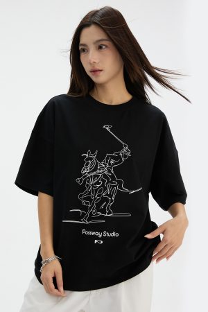Loose Fit Black and White Equestrian Pattern Short-Sleeve T-Shirt for Summer, Round Neck, Casual Fashion Top