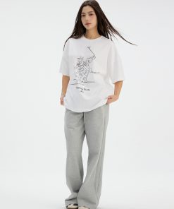 Loose Fit Black and White Equestrian Pattern Short-Sleeve T-Shirt for Summer, Round Neck, Casual Fashion Top