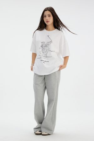 Loose Fit Black and White Equestrian Pattern Short-Sleeve T-Shirt for Summer, Round Neck, Casual Fashion Top