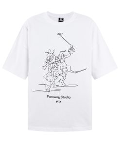 Loose Fit Black and White Equestrian Pattern Short-Sleeve T-Shirt for Summer, Round Neck, Casual Fashion Top