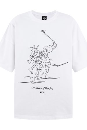 Loose Fit Black and White Equestrian Pattern Short-Sleeve T-Shirt for Summer, Round Neck, Casual Fashion Top