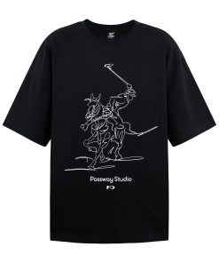 Loose Fit Black and White Equestrian Pattern Short-Sleeve T-Shirt for Summer, Round Neck, Casual Fashion Top