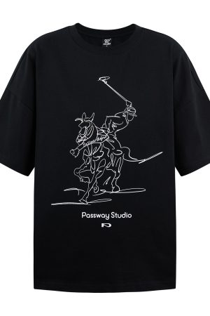 Loose Fit Black and White Equestrian Pattern Short-Sleeve T-Shirt for Summer, Round Neck, Casual Fashion Top