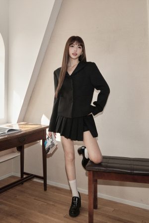 Loose Fit Black Navy Collar Suit Jacket - Japanese College Style Slimming Outerwear for Women