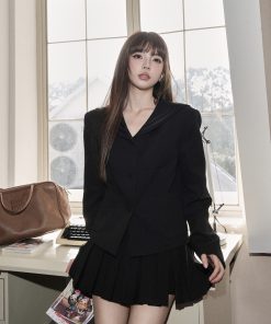 Loose Fit Black Navy Collar Suit Jacket - Japanese College Style Slimming Outerwear for Women