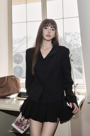 Loose Fit Black Navy Collar Suit Jacket - Japanese College Style Slimming Outerwear for Women