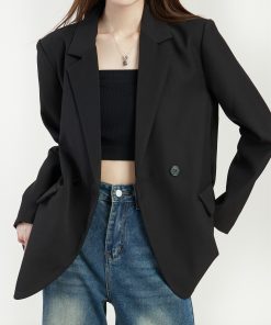 Loose Fit Black Suit Jacket for Women - 2025 Korean Style Petite Streetwear with High-End Feel