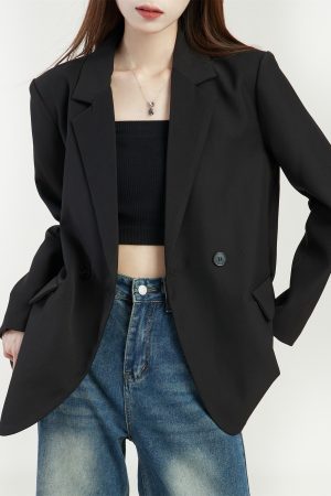Loose Fit Black Suit Jacket for Women - 2025 Korean Style Petite Streetwear with High-End Feel