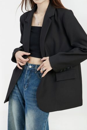Loose Fit Black Suit Jacket for Women - 2025 Korean Style Petite Streetwear with High-End Feel