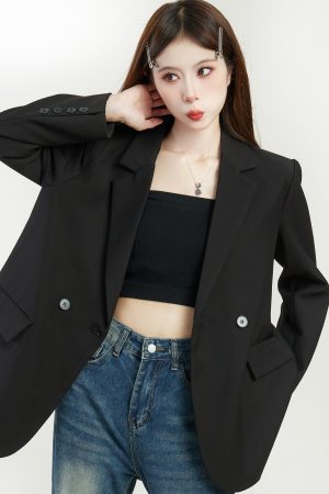 Loose Fit Black Suit Jacket for Women - 2025 Korean Style Petite Streetwear with High-End Feel