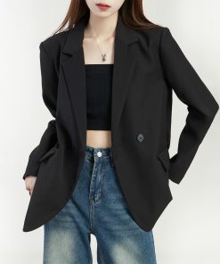 Loose Fit Black Suit Jacket for Women - 2025 Korean Style Petite Streetwear with High-End Feel