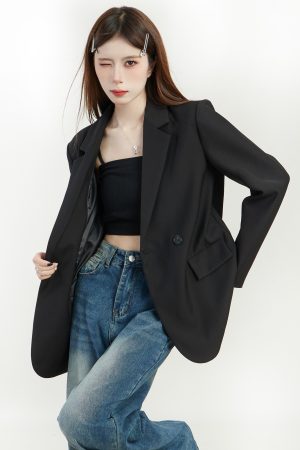 Loose Fit Black Suit Jacket for Women - 2025 Korean Style Petite Streetwear with High-End Feel