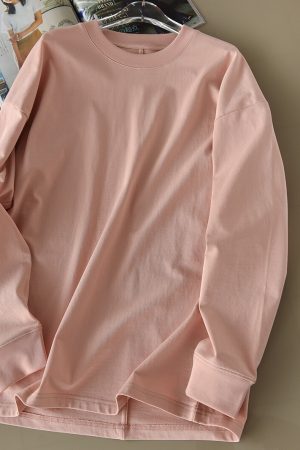 Loose Fit Round Neck Long Sleeve Vintage Pink T-Shirt - Simple All-Cotton Slimming Tee in Versatile French Style, Perfect for 90s Y2K Looks