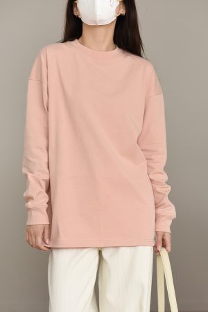 Loose Fit Round Neck Long Sleeve Vintage Pink T-Shirt - Simple All-Cotton Slimming Tee in Versatile French Style, Perfect for 90s Y2K Looks