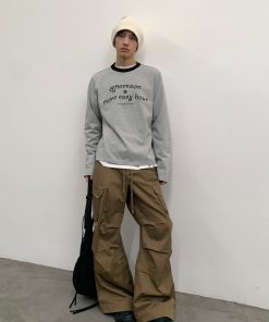 Loose Fit Round Neck Pure Cotton Men's Long Sleeve T-Shirt - Essential Layering Tee for 90s Style Casual Wear