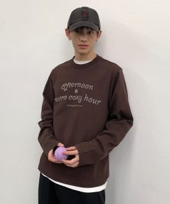 Loose Fit Round Neck Pure Cotton Men's Long Sleeve T-Shirt - Essential Layering Tee for 90s Style Casual Wear