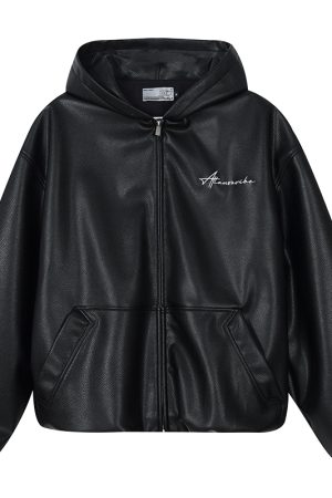 Loose Fit Textured PU Leather Hooded Jacket - American Street Style Fashion