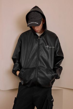 Loose Fit Textured PU Leather Hooded Jacket - American Street Style Fashion