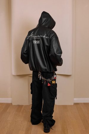 Loose Fit Textured PU Leather Hooded Jacket - American Street Style Fashion