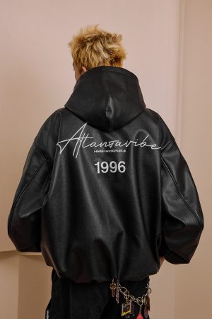 Loose Fit Textured PU Leather Hooded Jacket - American Street Style Fashion