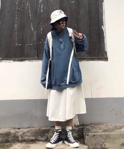 Loose High Neck Fleece Pullover Sweater in Retro Japanese Style - Warm Thickened Casual Top for Cozy 90s Fashion