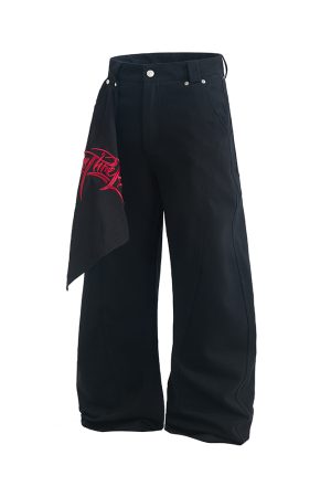 Loose Leaf Wide-Leg Casual Pants for Summer - Embroidered Letters, Wrinkle-Resistant, Stiff Fit, Trendy 2025 Fashion