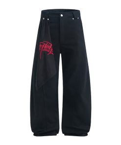 Loose Leaf Wide-Leg Casual Pants for Summer - Embroidered Letters, Wrinkle-Resistant, Stiff Fit, Trendy 2025 Fashion