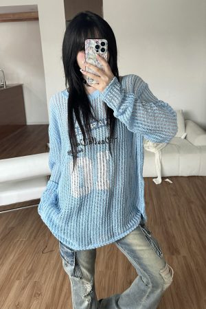 Loose Long Sleeve T-Shirt with American Digital Print, Knitted Mesh Hollow Design, Breathable Vacation Style Cover-Up
