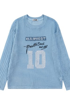 Loose Long Sleeve T-Shirt with American Digital Print, Knitted Mesh Hollow Design, Breathable Vacation Style Cover-Up