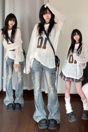 Loose Long Sleeve T-Shirt with American Digital Print, Knitted Mesh Hollow Design, Breathable Vacation Style Cover-Up