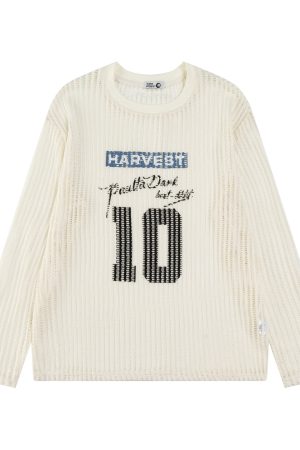 Loose Long Sleeve T-Shirt with American Digital Print, Knitted Mesh Hollow Design, Breathable Vacation Style Cover-Up