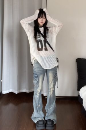 Loose Long Sleeve T-Shirt with American Digital Print, Knitted Mesh Hollow Design, Breathable Vacation Style Cover-Up