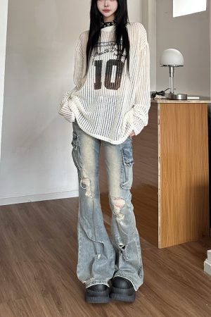 Loose Long Sleeve T-Shirt with American Digital Print, Knitted Mesh Hollow Design, Breathable Vacation Style Cover-Up