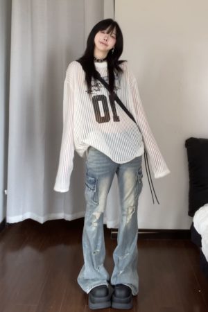 Loose Long Sleeve T-Shirt with American Digital Print, Knitted Mesh Hollow Design, Breathable Vacation Style Cover-Up