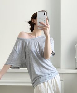 Loose Oversized Asymmetrical Off-Shoulder T-Shirt for Women - Tencel Slightly Sheer Summer Top, Versatile Short Sleeve Style