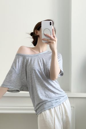 Loose Oversized Asymmetrical Off-Shoulder T-Shirt for Women - Tencel Slightly Sheer Summer Top, Versatile Short Sleeve Style