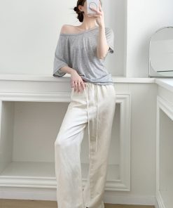 Loose Oversized Asymmetrical Off-Shoulder T-Shirt for Women - Tencel Slightly Sheer Summer Top, Versatile Short Sleeve Style
